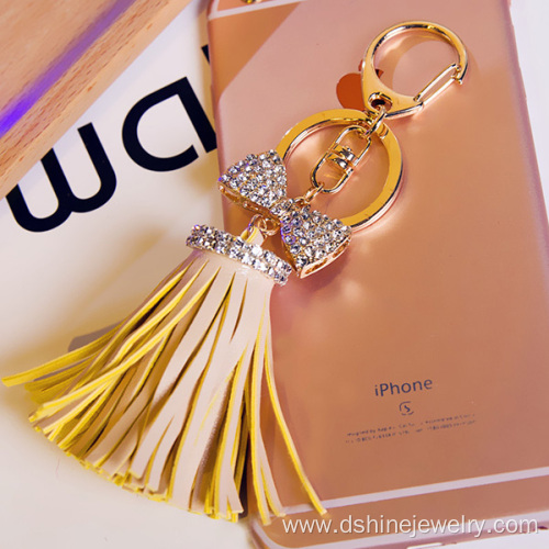 Leather Tassels Keychain Gold Crystal Bowknot Charm Keyring